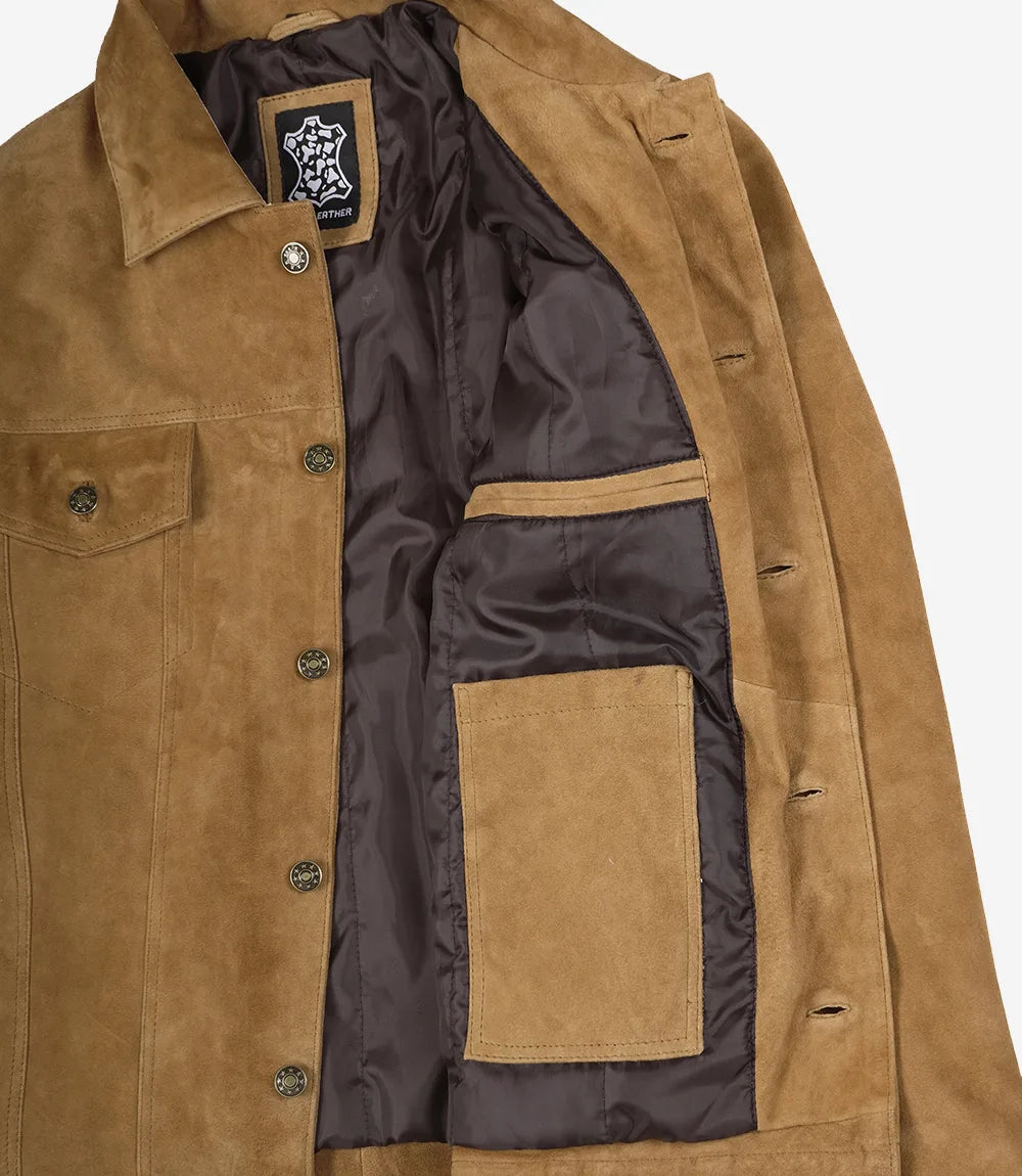 Men's Cognac Suede Trucker Jacket - Close-up