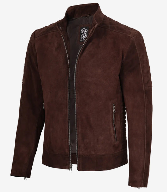 Men's Brown Suede Cafe Racer Jacket - Front View