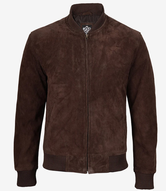 Men's Camel Suede Bomber Jacket - Open View