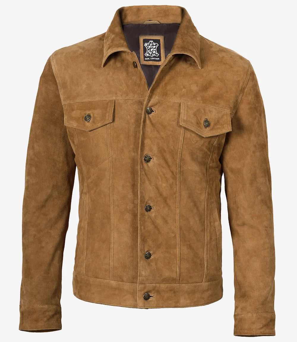 Men's Cognac Suede Trucker Leather Jacket | NSM Jackets – NSM JACKETS