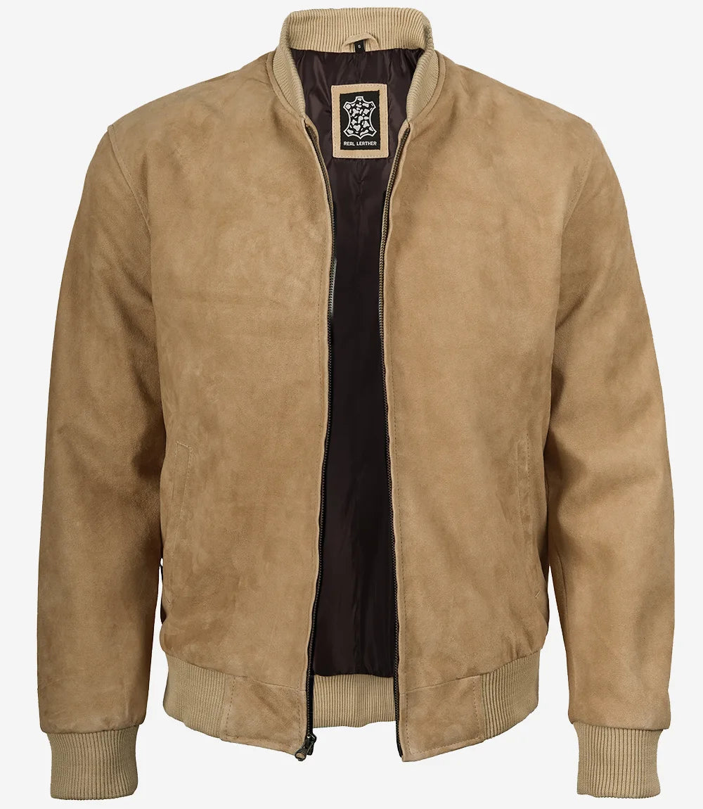 Men's Camel Suede Bomber Jacket - Open View