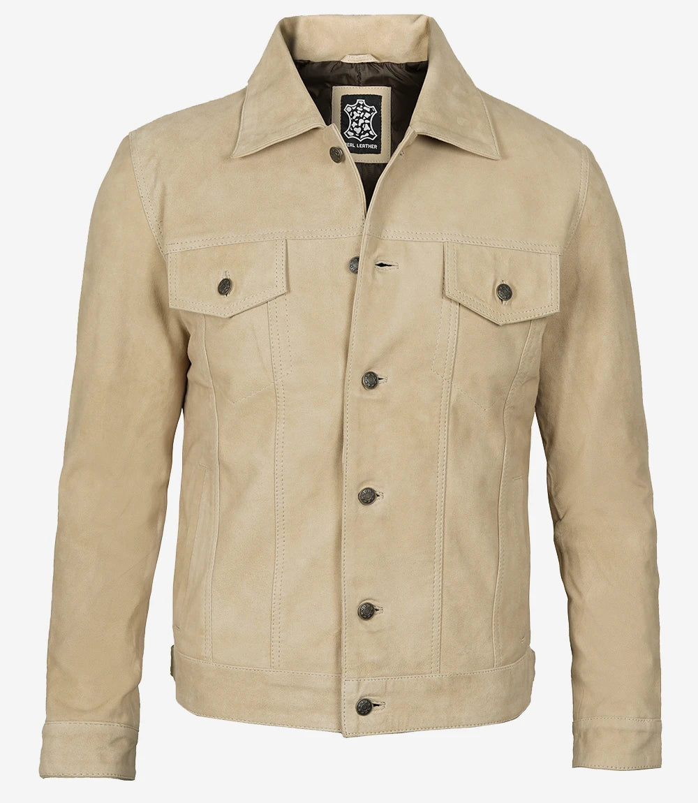 Men's Camel Suede Trucker Jacket - Full Length
