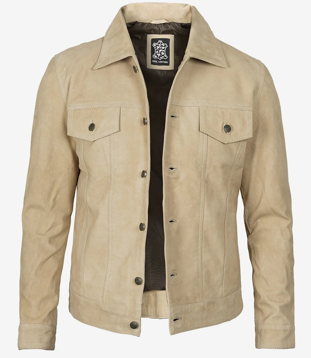 Men's Camel Suede Trucker Jacket - Open View