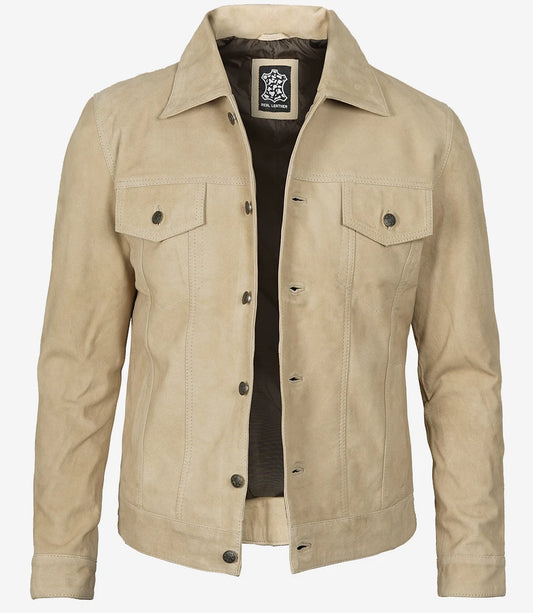 Men's Camel Suede Trucker Jacket - Open View