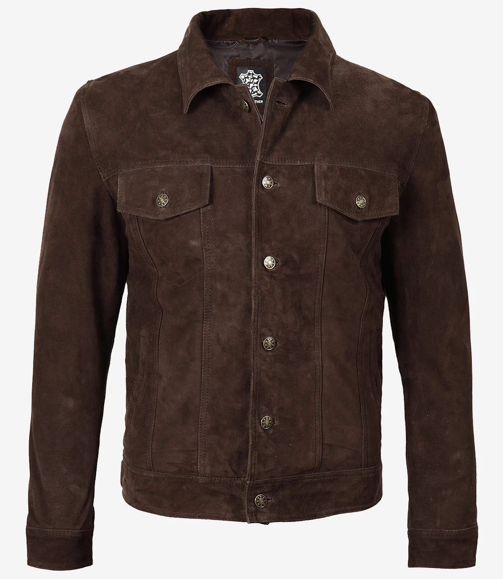 Men's Dark Brown Suede Trucker Jacket - Open View