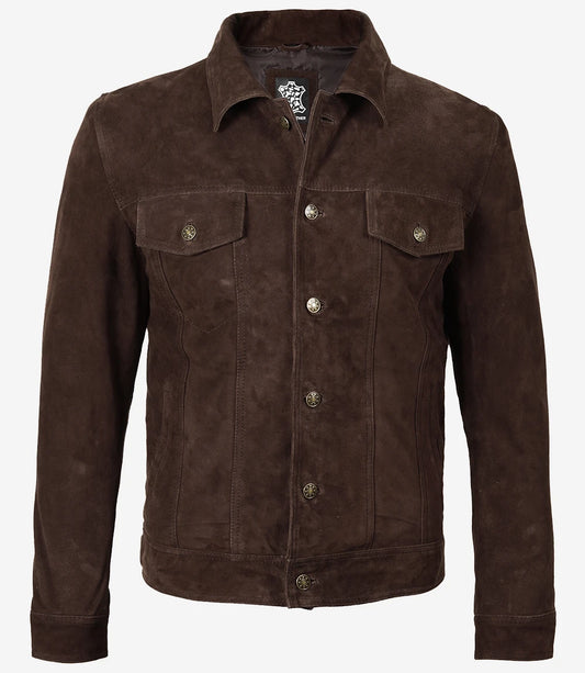 Men's Dark Brown Suede Trucker Jacket - Open View