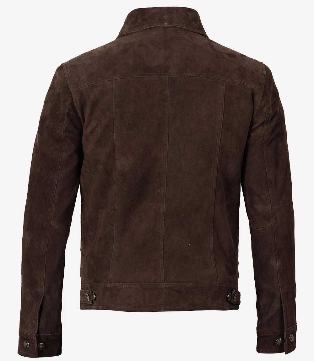 Men's Dark Brown Suede Trucker Jacket - Side View