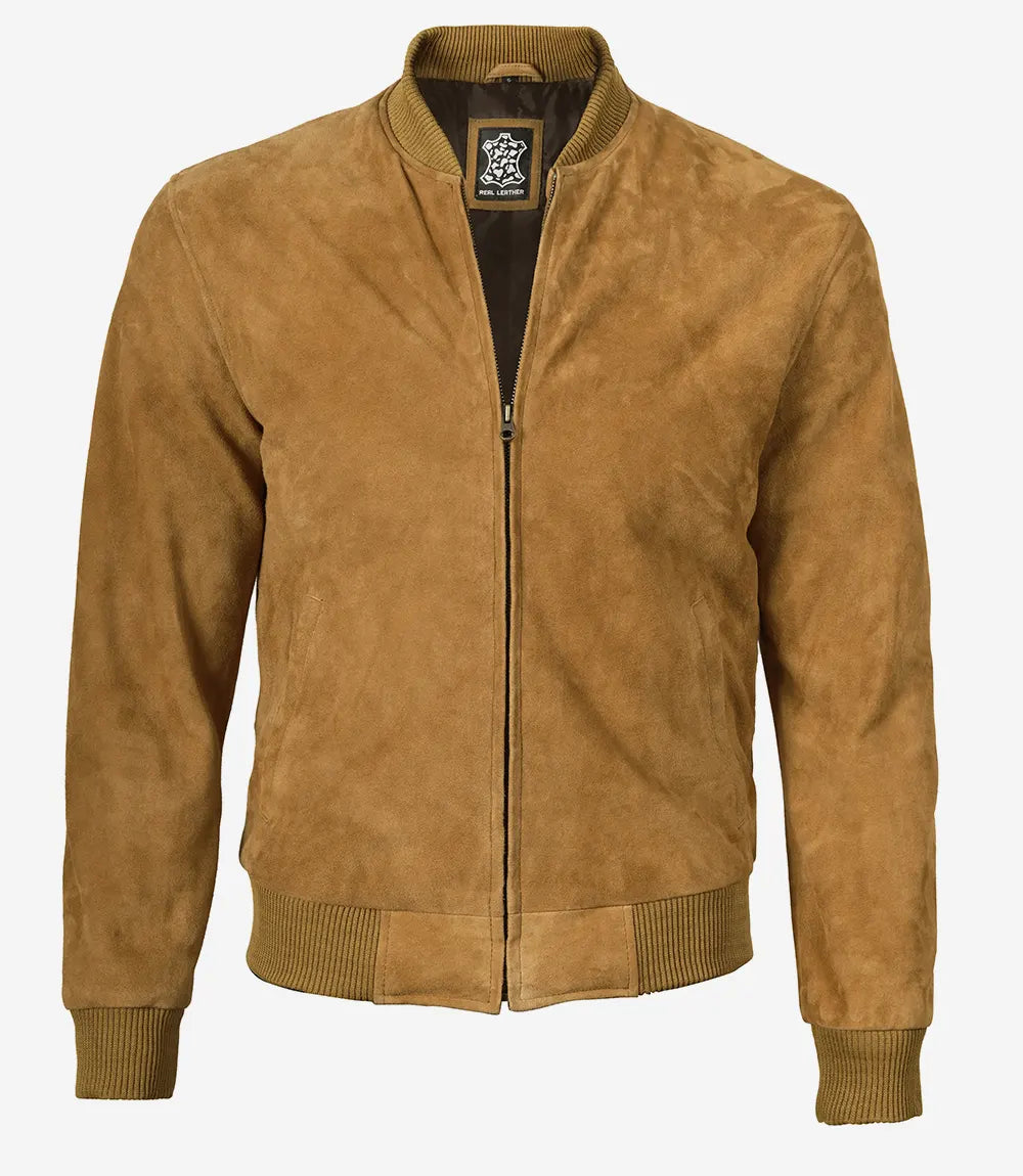 Men's Tan Suede Bomber Jacket - Detail View