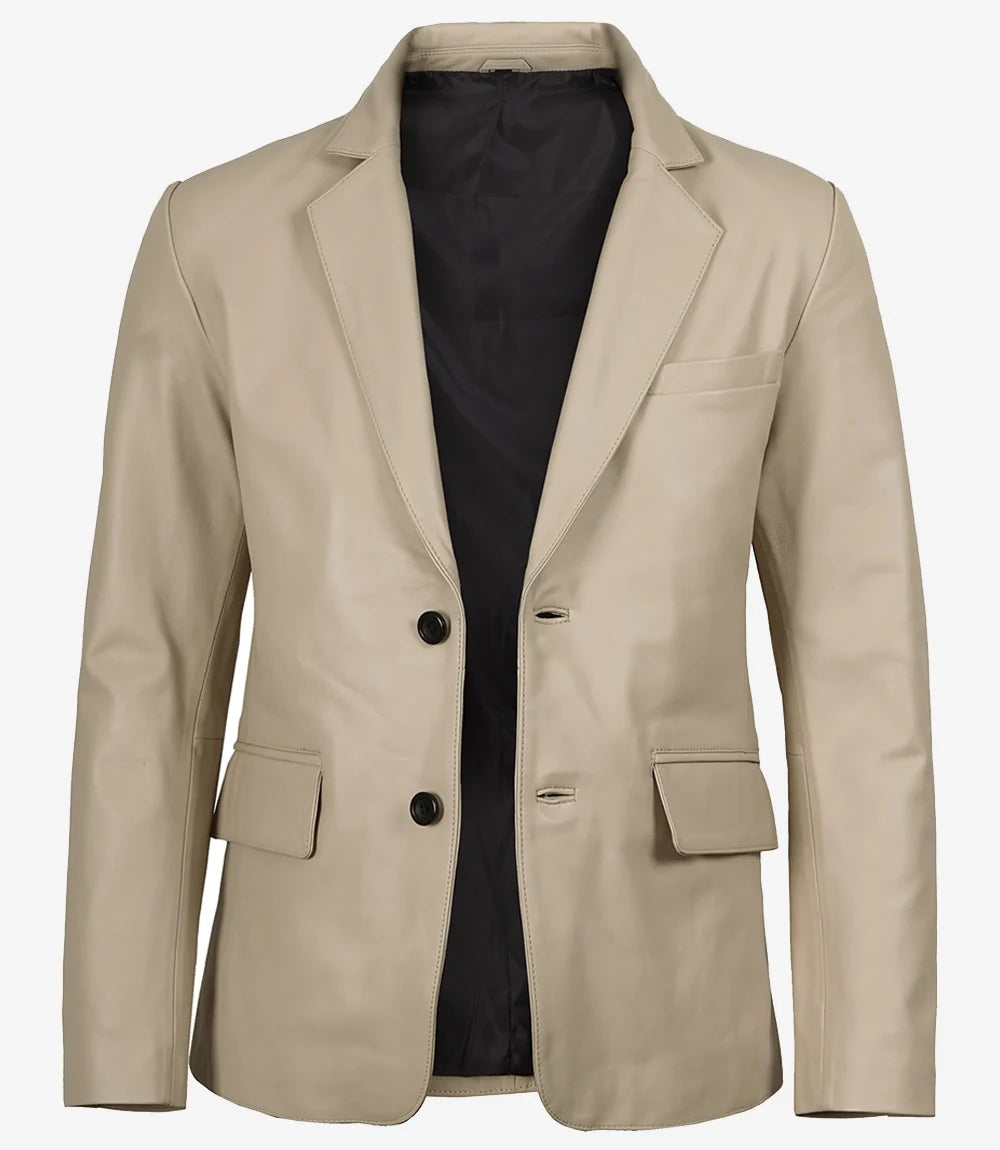 Duke men's beige leather blazer, front view, buttoned