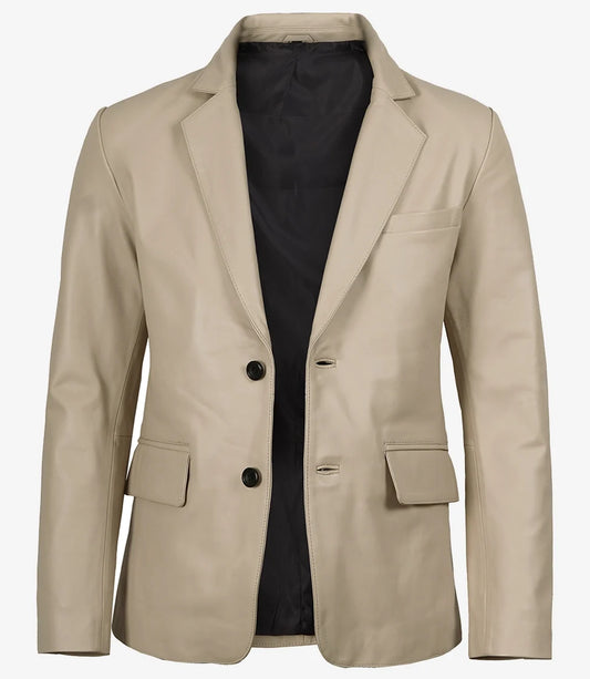Duke men's beige leather blazer, front view, buttoned