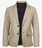 Duke men's beige leather blazer, front view, buttoned