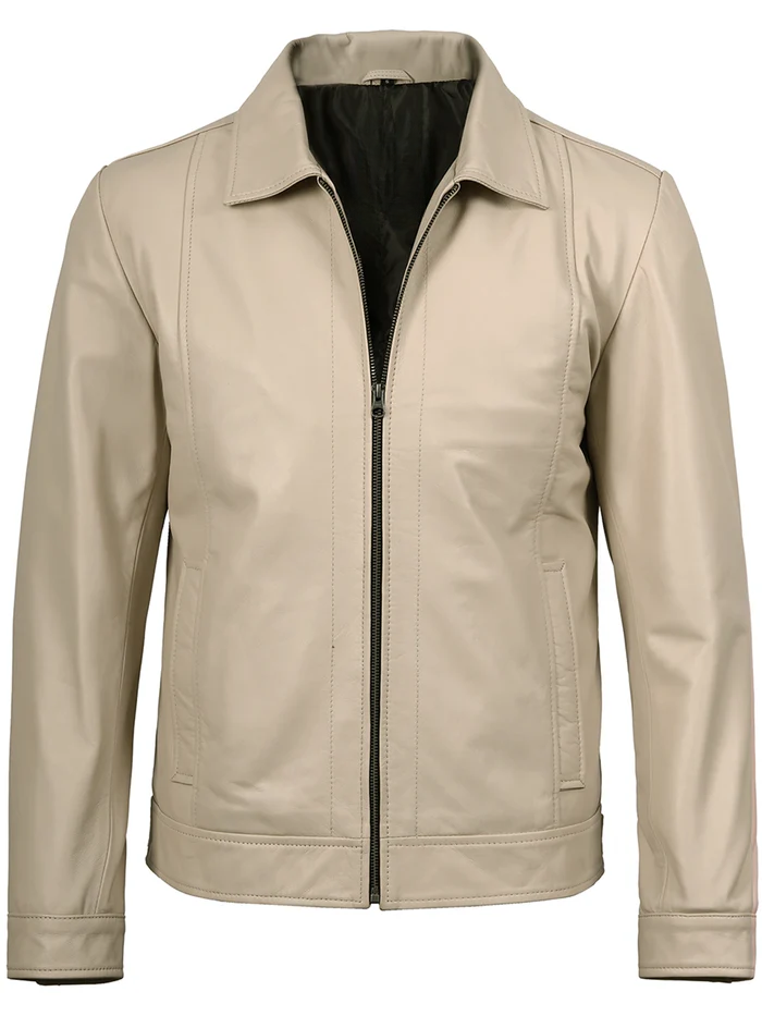 Men’s Beige Real Leather Harrington Jacket – Front Closed View | NSM Jackets