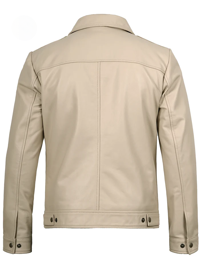 Ivory Men's Beige Leather Jacket - Front View
