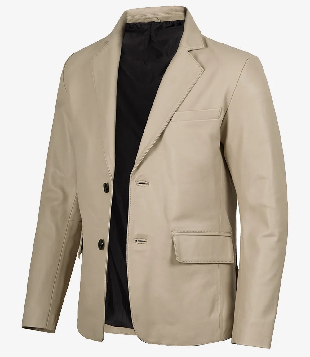 Duke men's beige two-button leather blazer, full front view