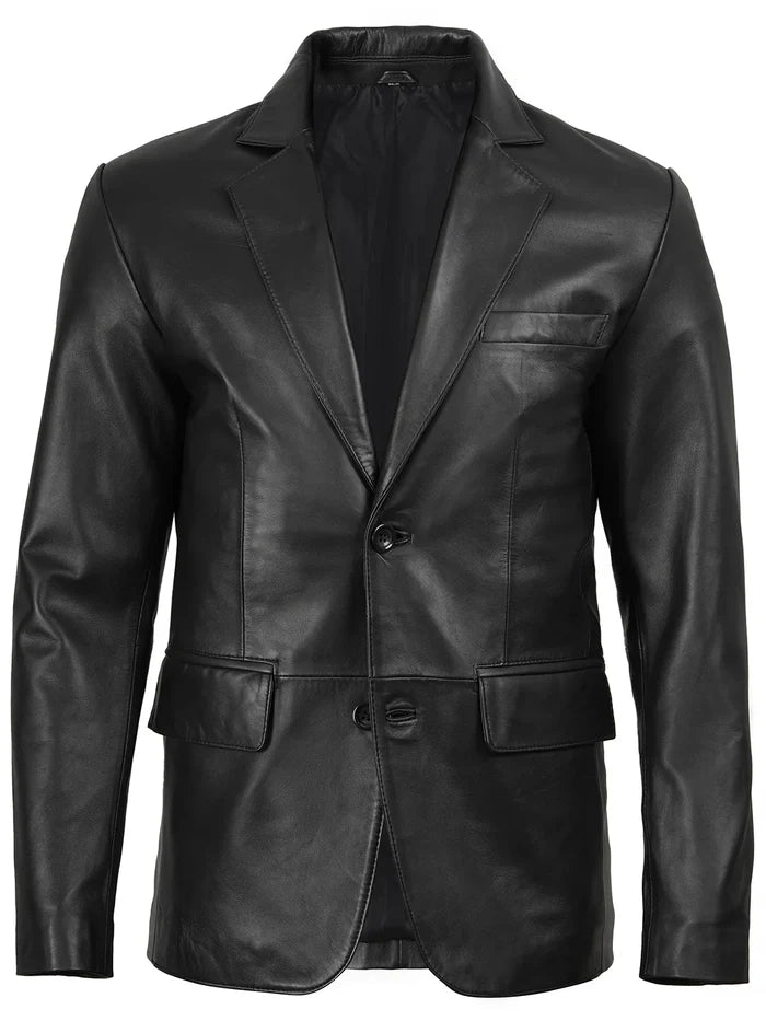 Men’s Black Real Leather Blazer – Front View