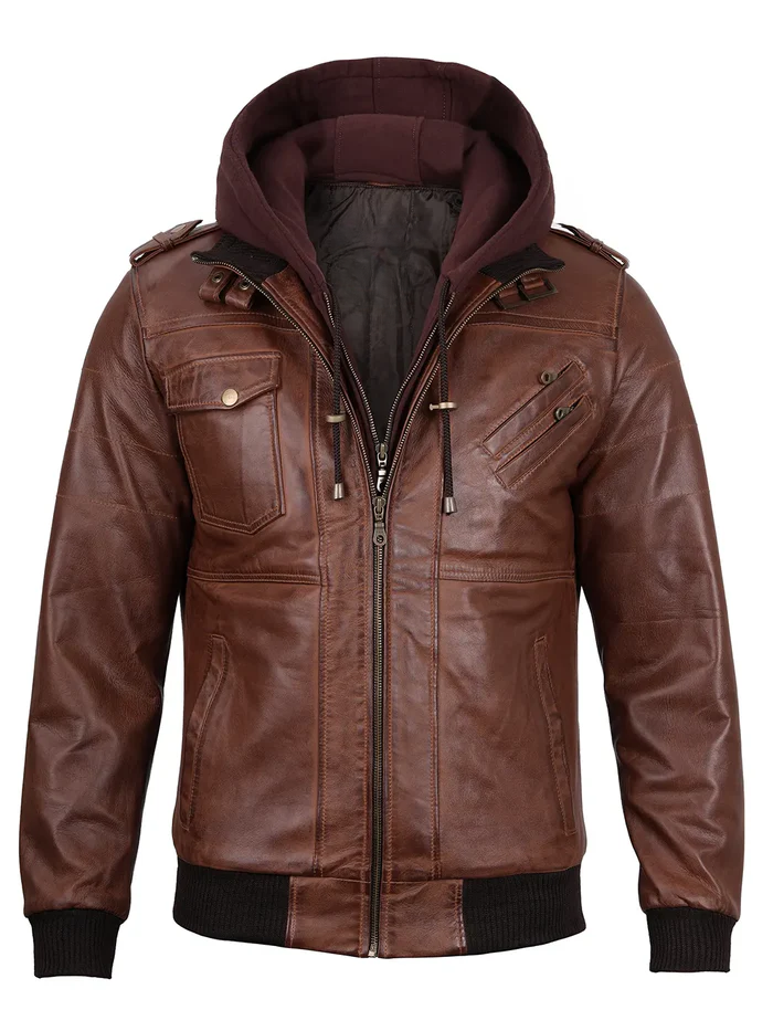 Men’s Brown Hooded Bomber Leather Jacket – Front View | NSM Jackets
