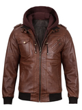 Men’s Brown Hooded Bomber Leather Jacket – Front View | NSM Jackets