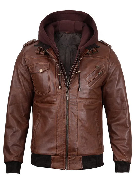 Atlas Men's Brown Hooded Bomber Leather Jacket - Front View
