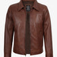Tony men's brown leather jacket with shirt collar, front view