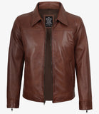 Tony men's brown leather jacket with shirt collar, front view