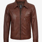 Men's brown shirt collar leather jacket, full front view