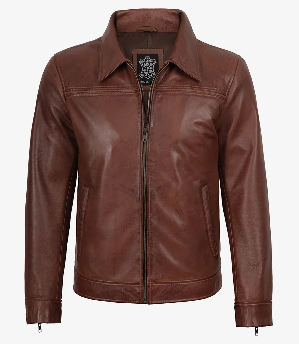 Men's brown shirt collar leather jacket, full front view