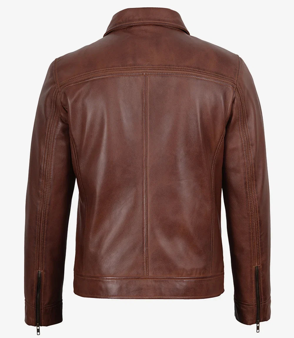 Men's brown shirt collar style leather jacket, front detail