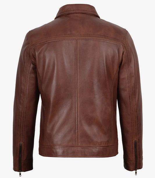 Men's brown shirt collar style leather jacket, front detail