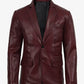Duke men's burgundy leather blazer, front view, buttoned