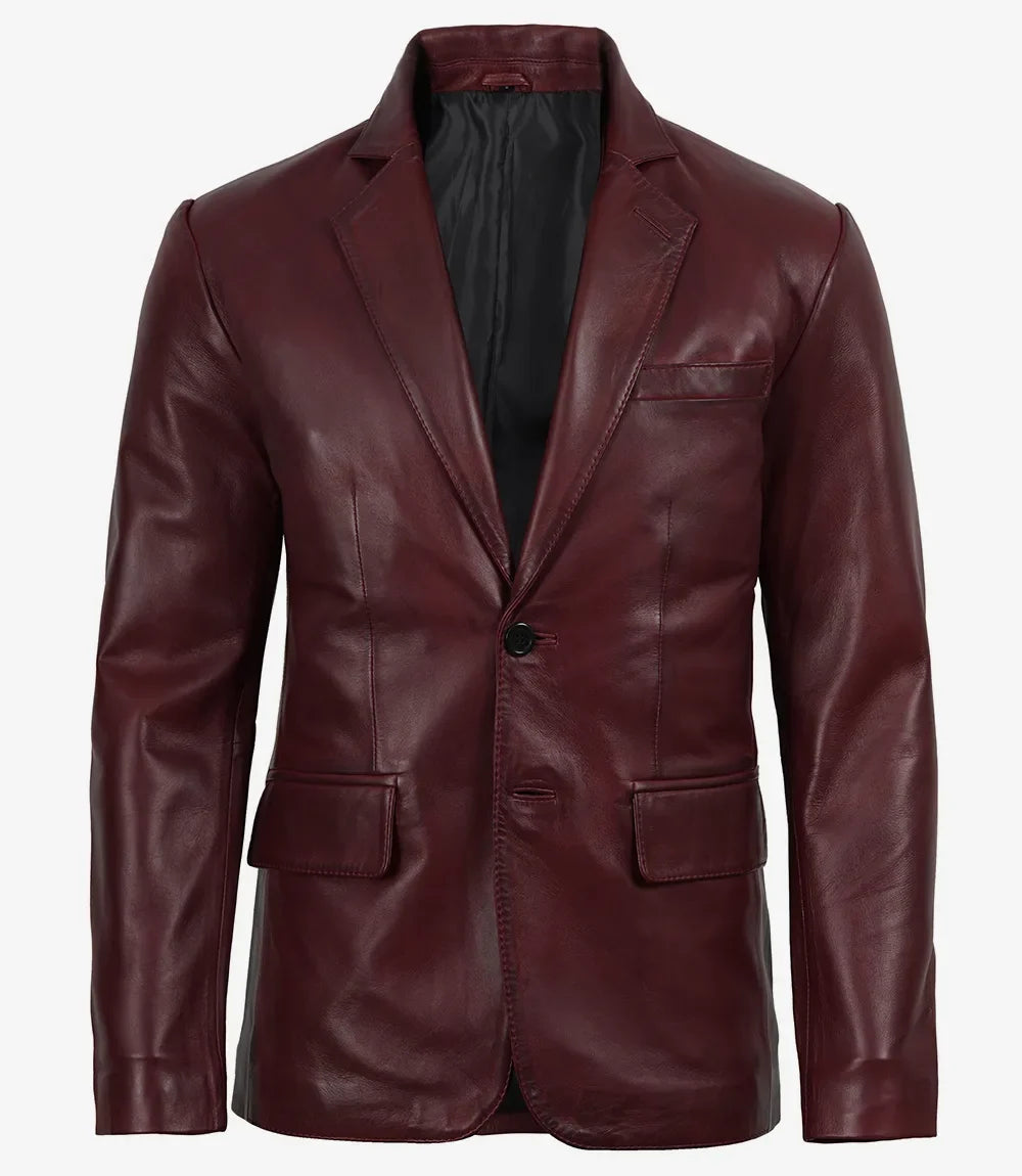Duke men's burgundy leather blazer, front view, buttoned