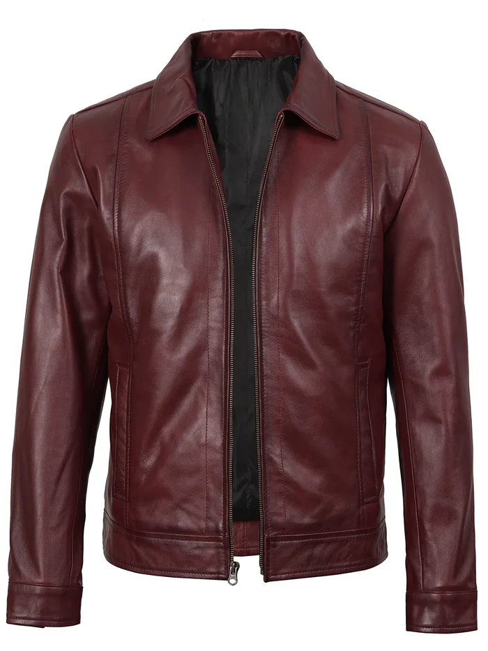 Harlow Men's Burgundy Leather Jacket - Front Open View