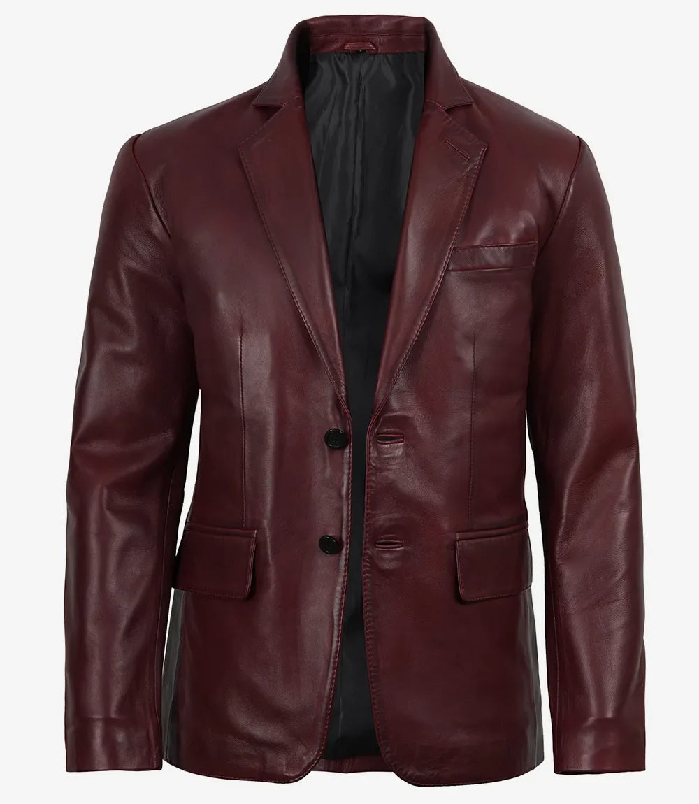 Duke burgundy wax leather blazer, tailored fit detail