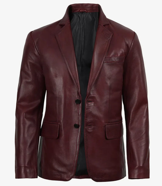 Duke burgundy wax leather blazer for men, angled front view