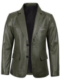 Olive Green Leather Blazer Jacket – Two-Button Front