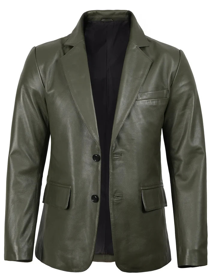 Olive Green Leather Blazer Jacket – Two-Button Front