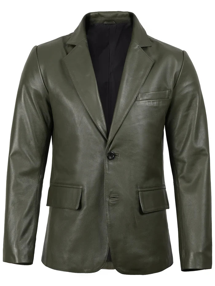 Men’s Green Real Leather Blazer – Front View