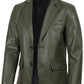 Men's olive green leather blazer, full front view