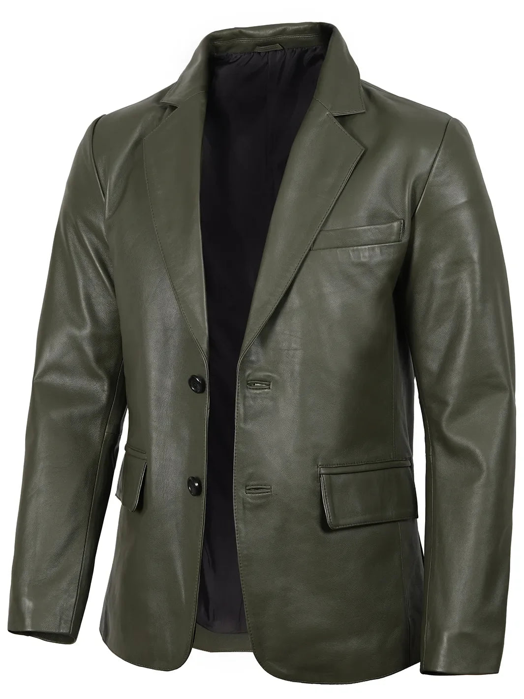 Men's olive green leather blazer, full front view
