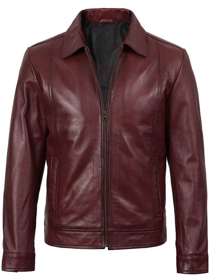 Men’s Burgundy Real Leather Harrington Jacket – Front View | NSM Jackets