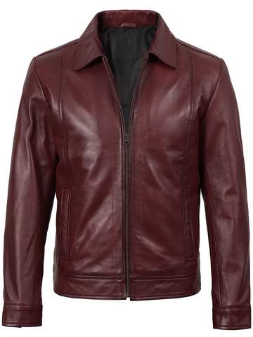 Men’s Burgundy Real Leather Harrington Jacket – Front View | NSM Jackets