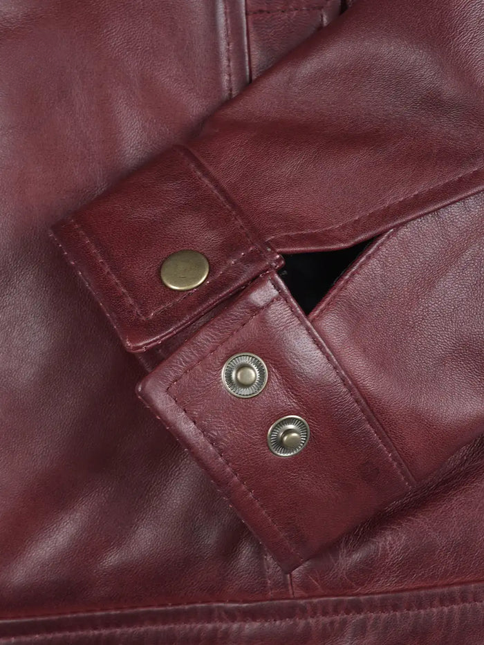 Close-up of cuff and snap detailing on Burgundy Leather Harrington Jacket | NSM Jackets