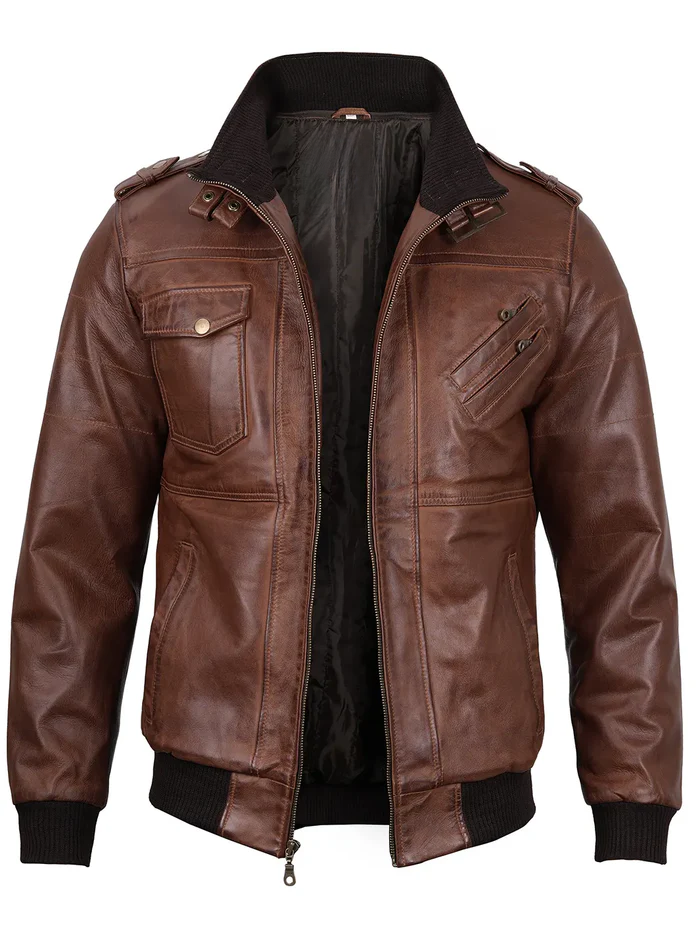 Men’s Brown Leather Bomber Jacket – Without Hood | NSM Jackets