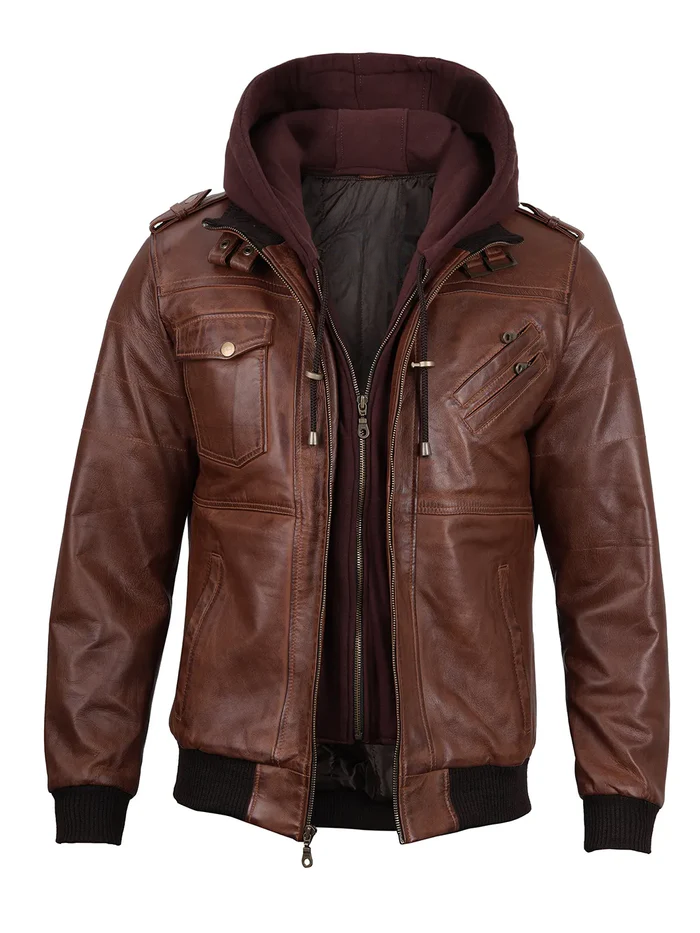 Atlas Men's Brown Hooded Bomber Leather Jacket - Side View