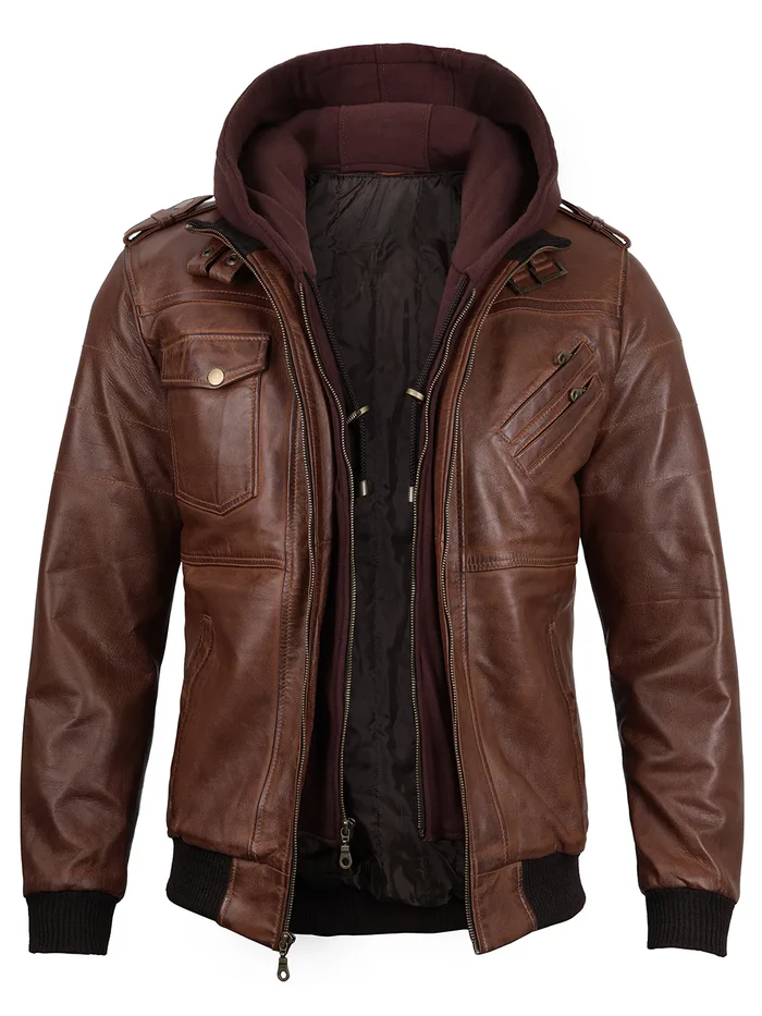Atlas Men's Brown Hooded Bomber Leather Jacket - Front Open View