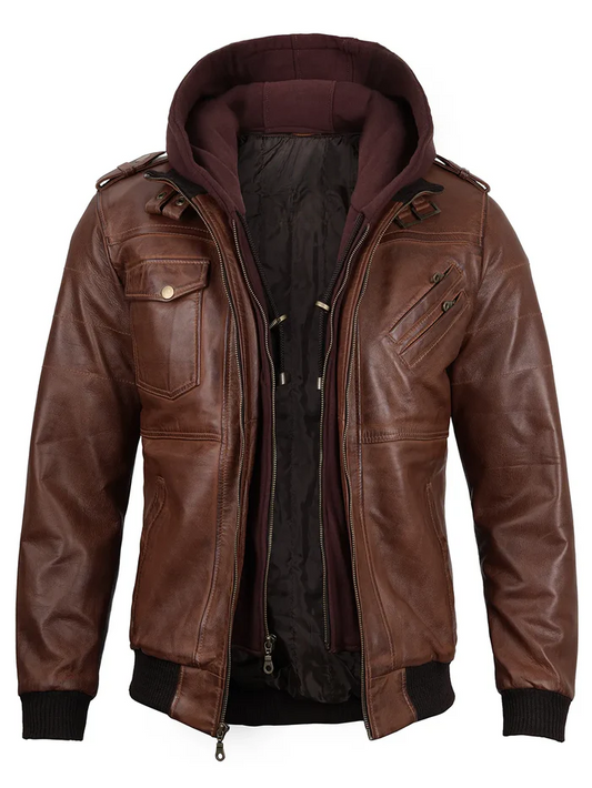 Atlas Men's Brown Hooded Bomber Leather Jacket - Front Open View