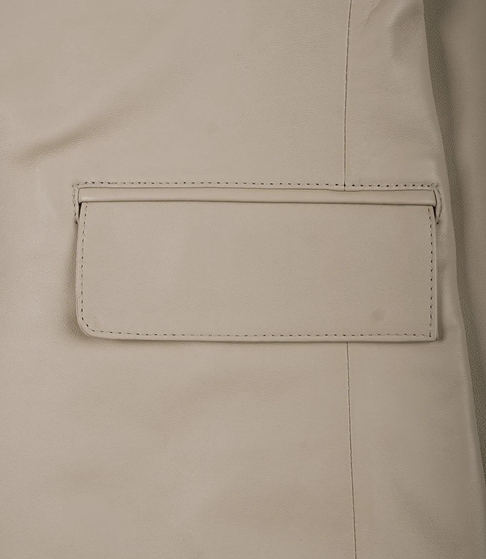 Men's beige leather blazer by NSM Jackets, notch lapel detail