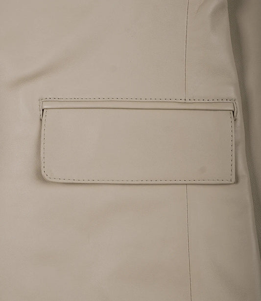 Men's beige leather blazer by NSM Jackets, notch lapel detail