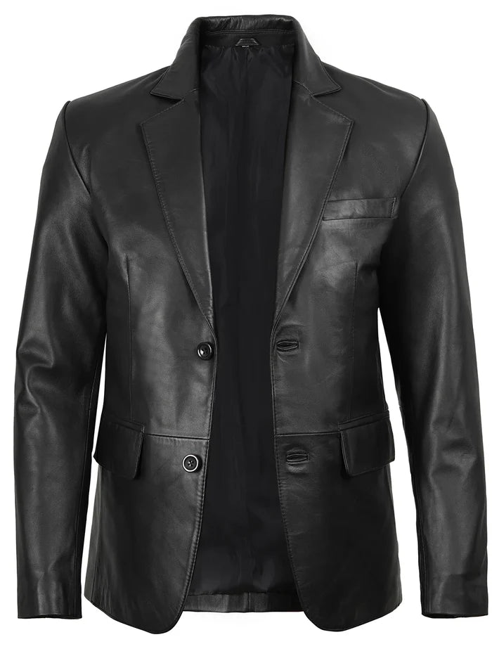 Black Leather Blazer for Men – Two-Button Design