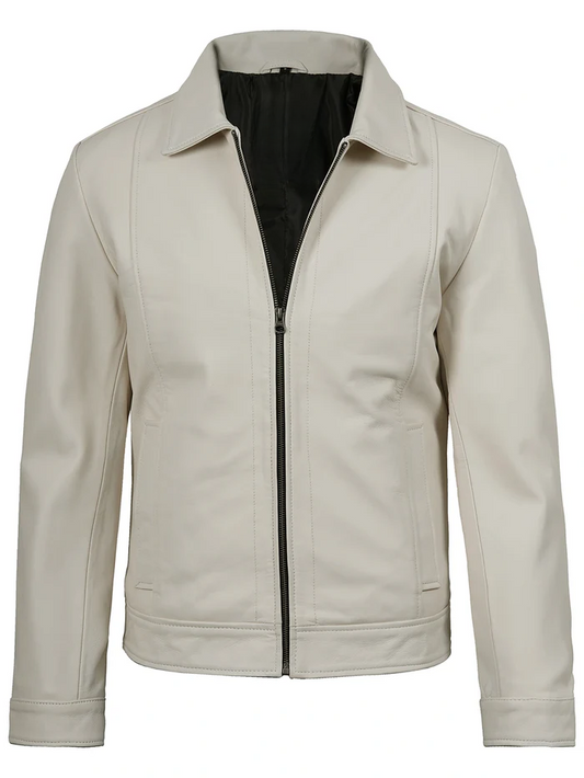 Harlow Men's White Leather Jacket - Front Open View