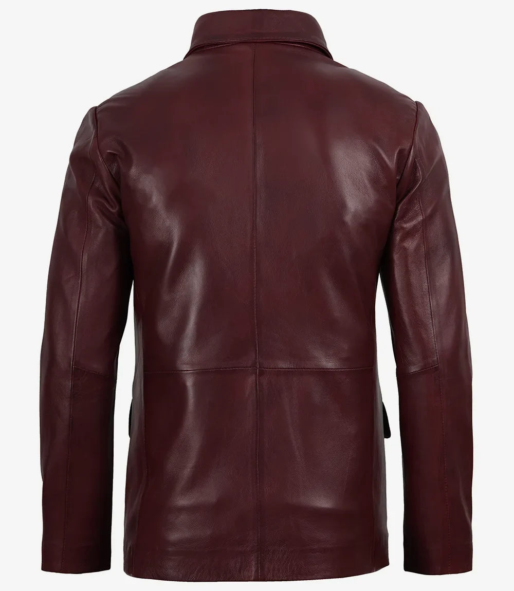 Men's tailored burgundy leather blazer, notch lapel detail